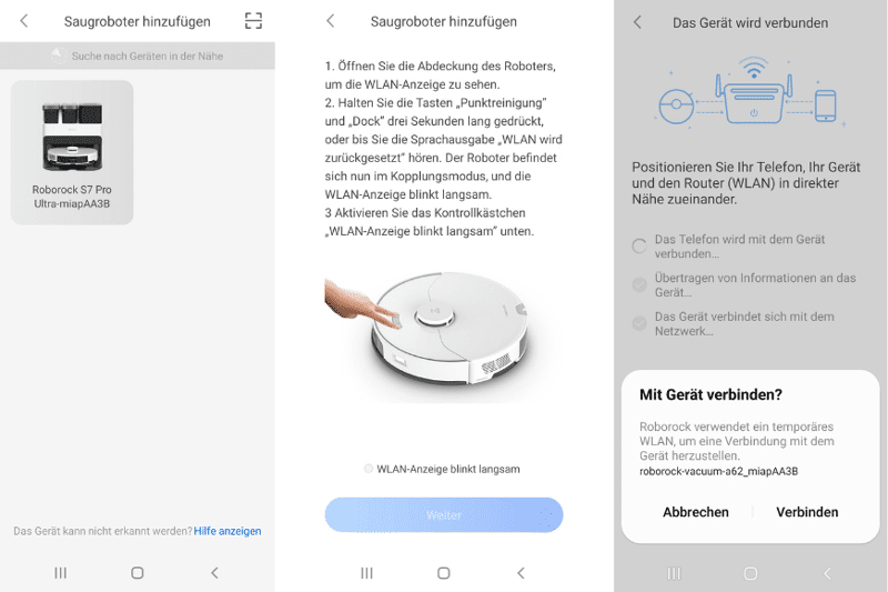 Schritte zur Einrichtung der Roborock App werden chronologisch dargestellt